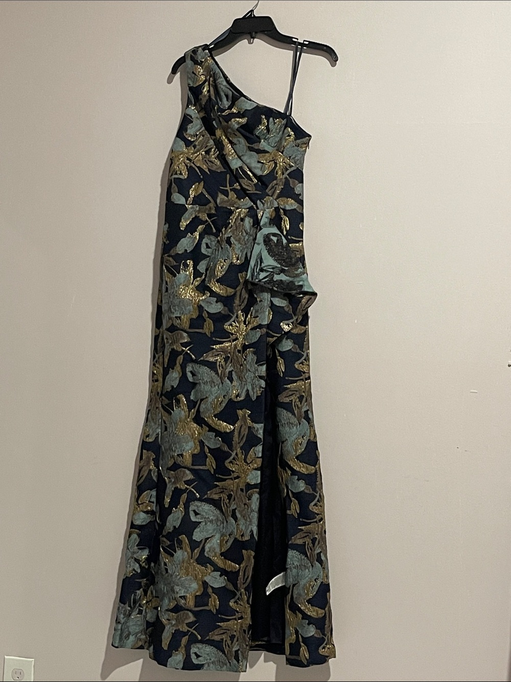 Adrianna Papell Black One-Shoulder Floral Jacquard Gown with Gold Accents - Picture 6 of 16